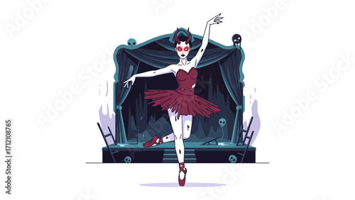 Graceful Undead Dancer: A captivating ballet dancer adorned in a striking red dress and pointe shoes, takes center stage with an ethereal aura.