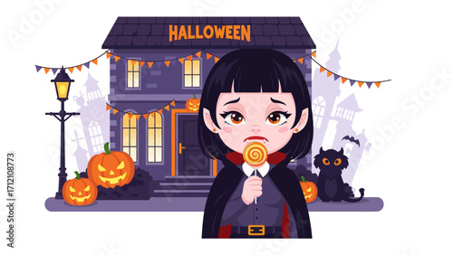 Sadness of a Vampire: A melancholic vampire, adorned in an elegant cape, stands before a spooktacular mansion. Holding a lollipop.