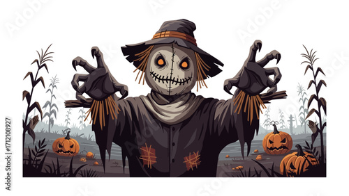 Spooky scarecrow at Halloween: A frightening scarecrow with glowing eyes and stitched mouth dominates a landscape with pumpkin.