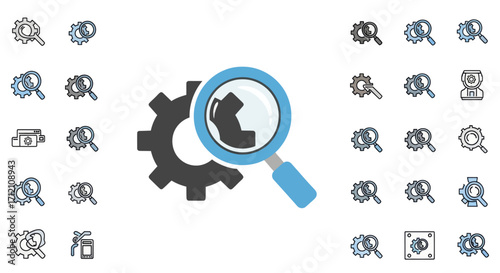 Detailed illustration of magnifying glass on gear icon set