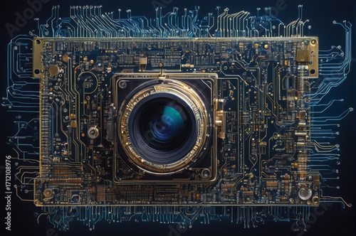Cybernetic Camera Lens on Circuit Board. Generative AI.