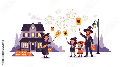 Spooky Night Fun: a cheerful family in witch costumes with pumpkins in front of a spooky house ,holding lantern celebrate the halloween night.