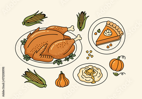 Thanksgiving Feast Roasted Turkey, Pumpkin Pie, and Corn