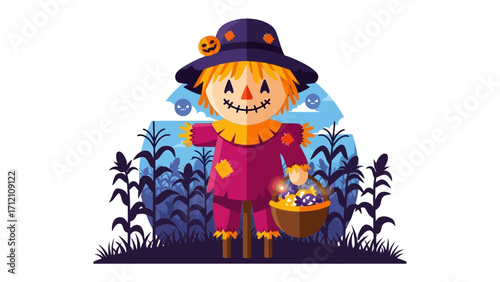 Scarecrow in a Spooky Setting: An illustrated, whimsically crafted scarecrow, adorned with a hat, a grinning face, and a harvest basket filled with treats.