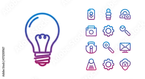 Collection of colorful gradient line icons featuring lightbulb and various business related symbols