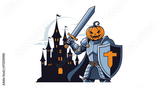 Pumpkin-headed Knight guarding the castle: A spooky yet captivating illustration of a pumpkin-headed knight, brandishing a gleaming sword and shield.