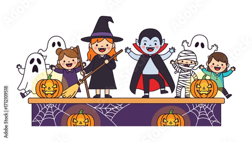 Halloween Characters: A vibrant illustration of classic Halloween characters, including a witch, a vampire, a mummy, ghosts, and children, poised with pumpkins.