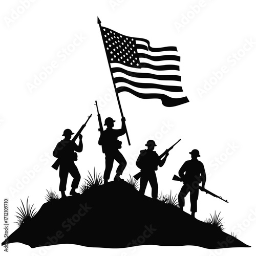 soldiers silhouette holding american flag clip art preview