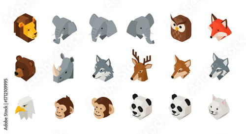 Collection of assorted animal heads in isometric style