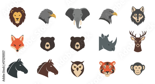 Collection of animal heads in flat design style
