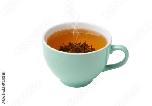Isolated steamy cup of tea with loose leaf beverage in a teacup mug on a surface tabletop