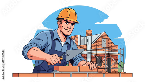 Bricklayer Crafting a Home: A focused bricklayer meticulously lays a brick, showcasing his skill and the construction of a sturdy building.