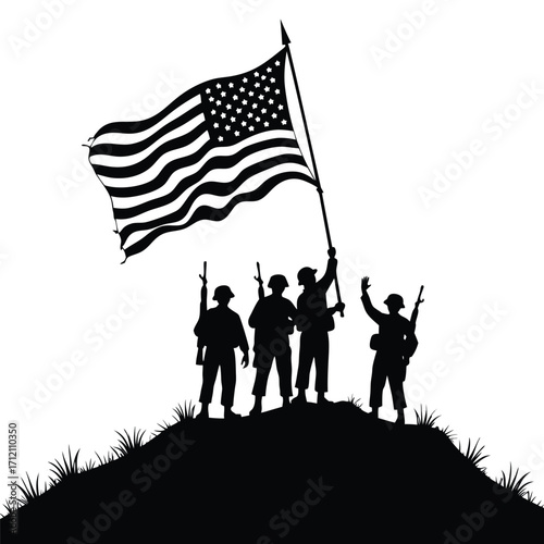 Silhouette soldiers raising American flag on grassy hill