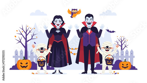 Happy Halloween Family Gathering: A vibrant illustration showcasing a family dressed in iconic Halloween costumes, inviting viewers to join in on the holiday spirit.