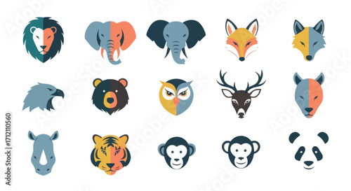 Collection of animal portraits in flat design style