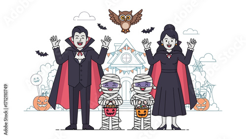 Spooky Halloween Family: A joyful family, dressed in costumes, shares the Halloween spirit. A vampire and a vamp, accompanied by mummy children, radiate happiness amid pumpkins and bats.