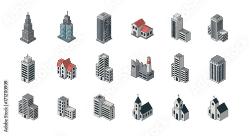 Collection of diverse architectural structures in isometric style