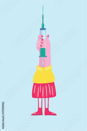 Bold illustration of a person with a weight loss syringe medication.