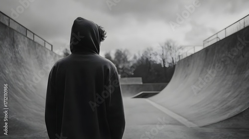 Teenager in hoodie standing at skatepark contemplating future adventures, moody monochrome scene outdoors