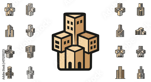 Collection of abstract city buildings in various shades