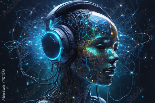 Cybernetic Mind, Futuristic AI with Neon Headphones. Generative AI.