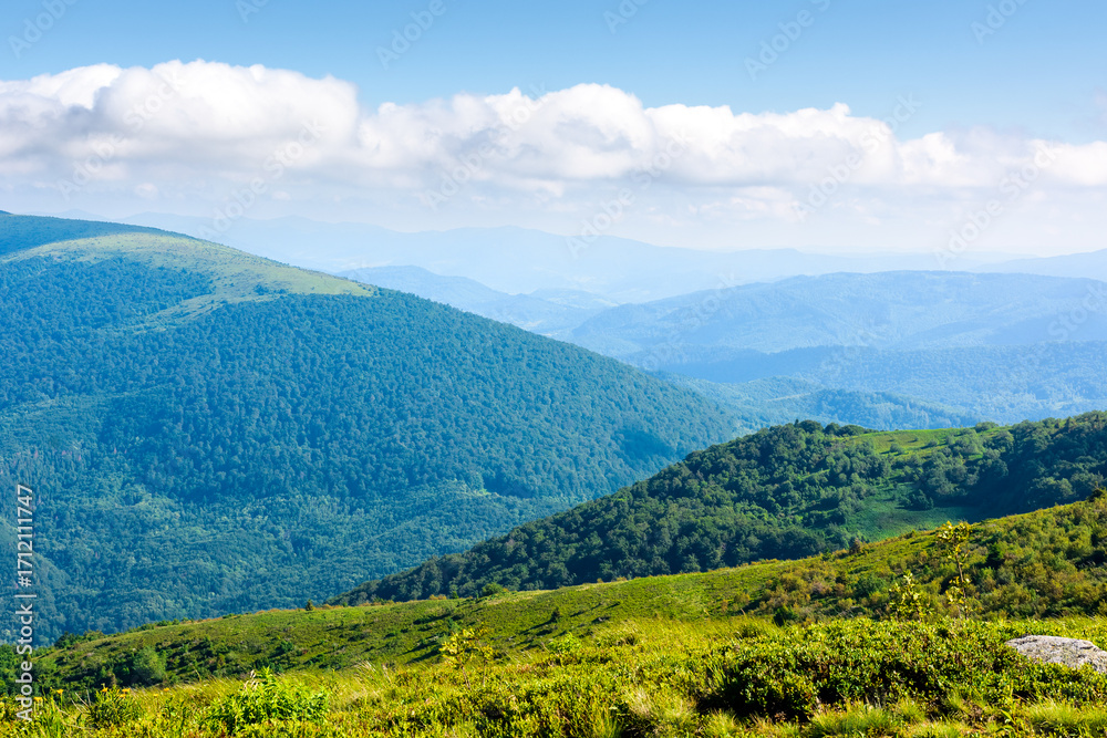 Obraz premium mountain landscape with beautiful view on alps in summer. green alpine meadow under blue sky on a sunny day. idyllic scenery in carpathian mountains with grassy rolling hills on morning fresh