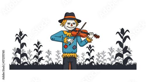 Harmony of the Fields: An anthropomorphic scarecrow, donning a hat, plays a violin amidst a cornfield, symbolizing a perfect blend of nature and artistry. 
