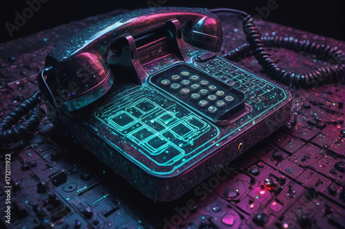 Cyberpunk Neon Push-Button Telephone. Generative AI.