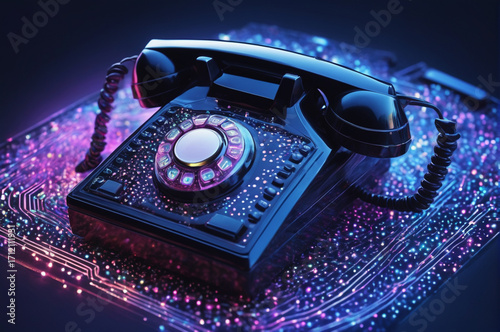Neon Retro Rotary Telephone. Generative AI.