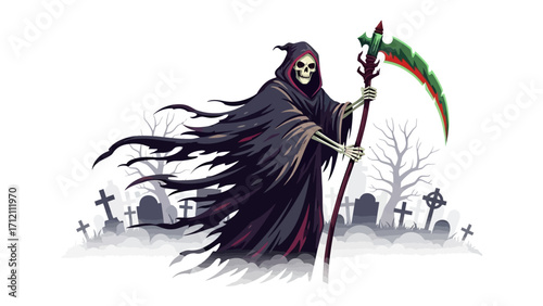 Grim Reaper Illustration: A chilling illustration of the Grim Reaper, cloaked and holding a scythe, standing menacingly in a graveyard, the epitome of mortality.