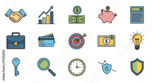 Collection of business and finance related flat style vector icons