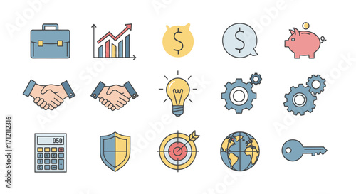 Collection of business and financial related line icons