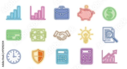 Collection of neon business and finance icons