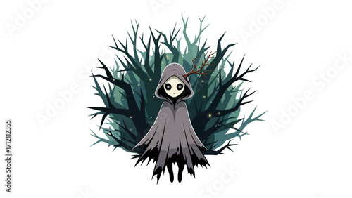 Mysterious Forest Dweller: An eerie, yet charming, illustration of a cloaked figure emerging from a fantastical woodland, evoking a sense of curiosity and wonder.
