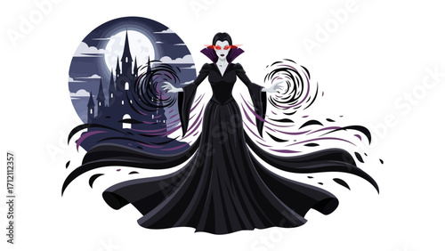 Mystical Dark Witch: A captivating depiction of a dark witch, exuding an aura of mystery, stands boldly against a haunting silhouette of a moonlit castle. She holds powerful energy. 