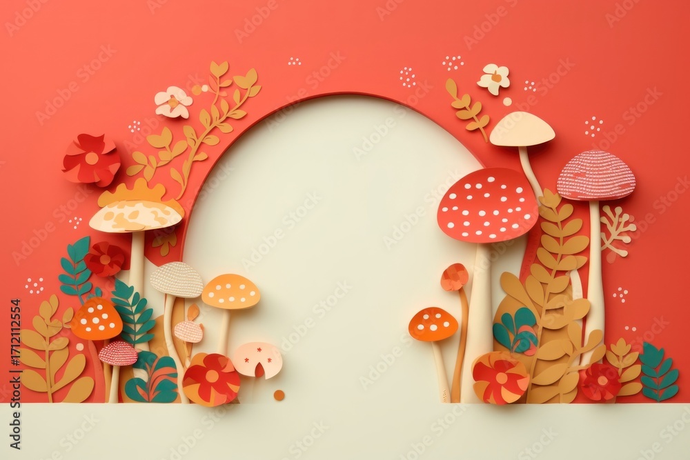 Naklejka premium Paper cutout mushroom border plant art architecture.