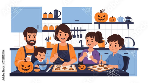 Halloween Baking: A happy family is crafting Halloween cookies at the kitchen counter with carved pumpkin decoration.