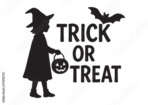 trick or treat logo silhouette vector, trick or treat lettering vector silhouette illustration, children in halloween go trick or treating logo silhouettes vector on white background. 