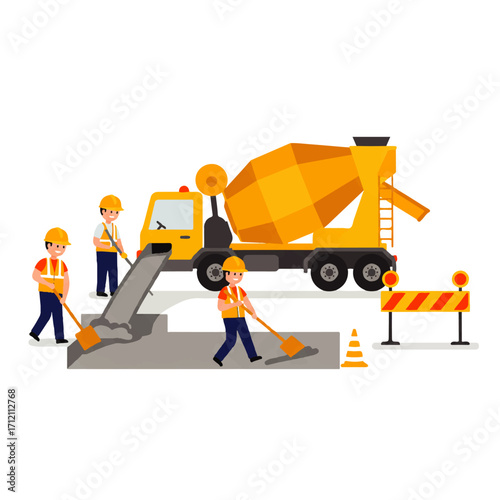 Construction workers pouring and leveling concrete from a mixer truck on a construction site with safety cones and barricades.