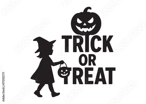 trick or treat logo silhouette vector, trick or treat lettering vector silhouette illustration, children in halloween go trick or treating logo silhouettes vector on white background. 