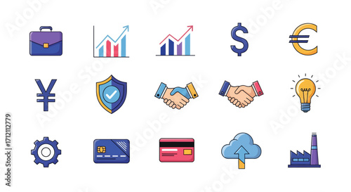 Collection of business and finance icons in flat style