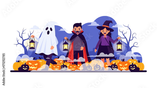 Spooky Halloween Trio: A festive illustration features a ghost, vampire, and witch standing among pumpkins, conveying the spirit of Halloween with creativity and joy.