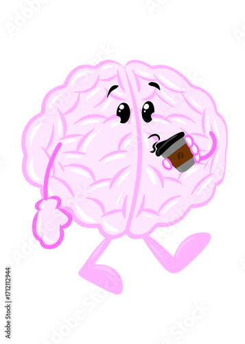 brain drink coffee cute brain icon character design