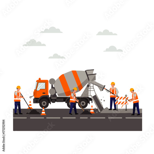 A group of construction workers are repairing a road with a cement truck, using shovels and safety cones.