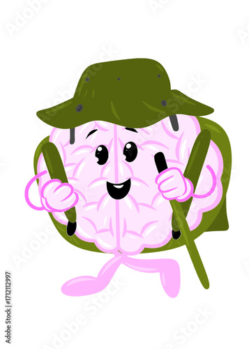brain hiking cute brain icon character design