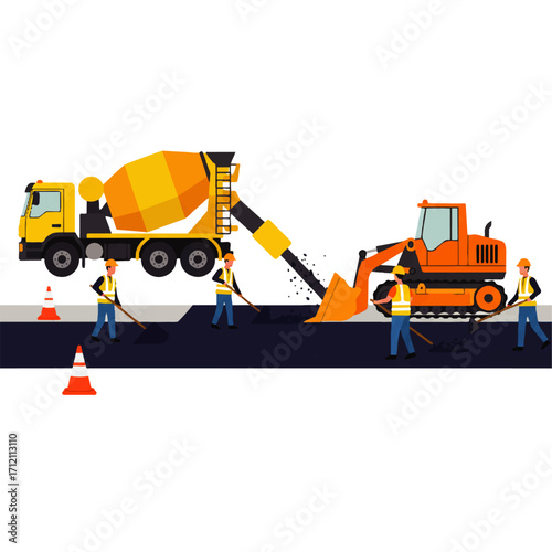 Construction workers and heavy machinery are repairing a road, featuring a cement truck and excavator.