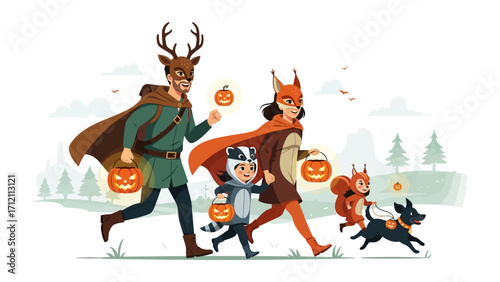 Halloween Gathering:  A procession of costumed revelers, ready for a night of trick-or-treating, joyfully heads off on their festive adventure!