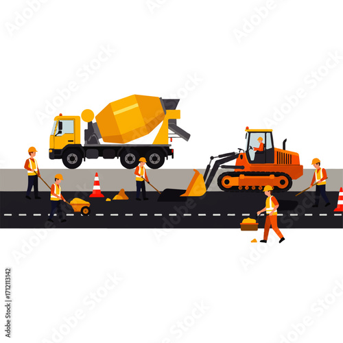 Road construction scene featuring workers, a cement truck, and a bulldozer on a dark asphalt surface with orange cones.