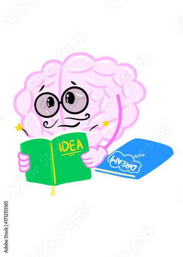 brain read books cute brain icon character design