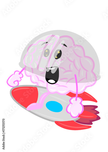brain going to space cute brain icon character design